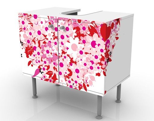 Waschbeckenunterschrank - Floral Retro Heart - Blumen Badschrank Rosa Rot