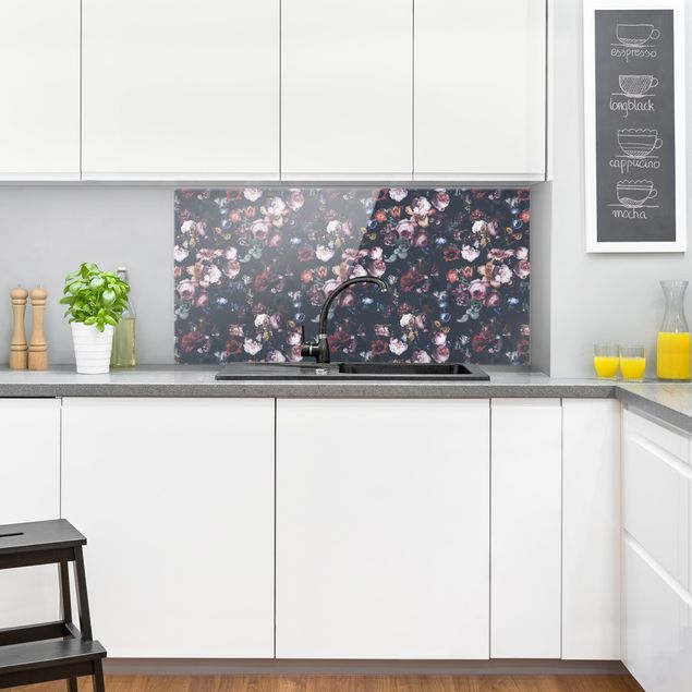 Glasrückwand Küche Muster Altmeisterliche Blüten mit Tulpen und Rosen auf Dunkelgrau