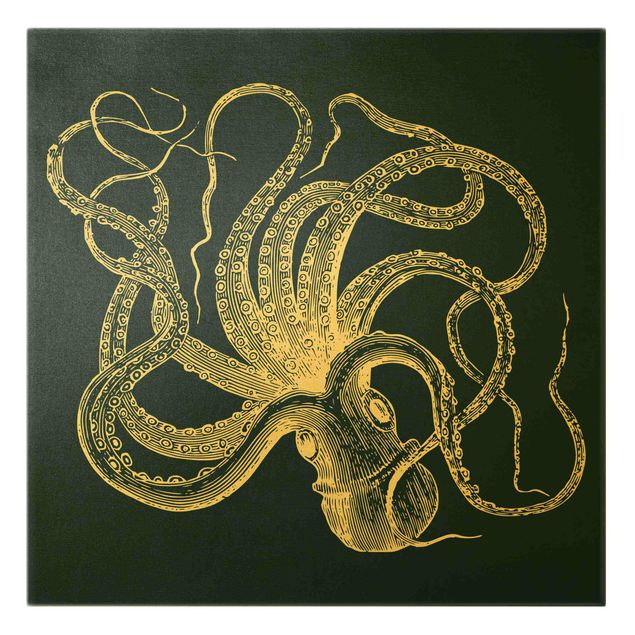 Leinwandbild Gold - Illustration verrückter Oktopus auf Blau - Quadrat