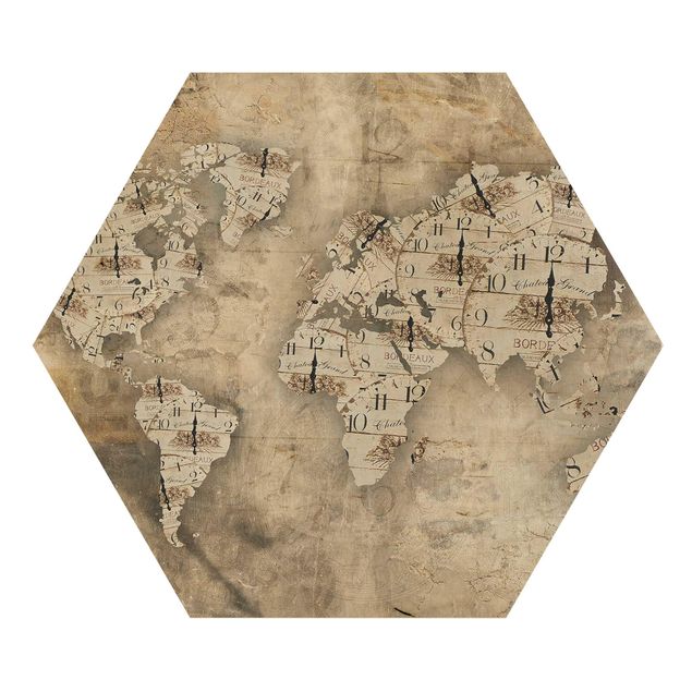 Hexagon Bild Holz - Shabby Uhren Weltkarte