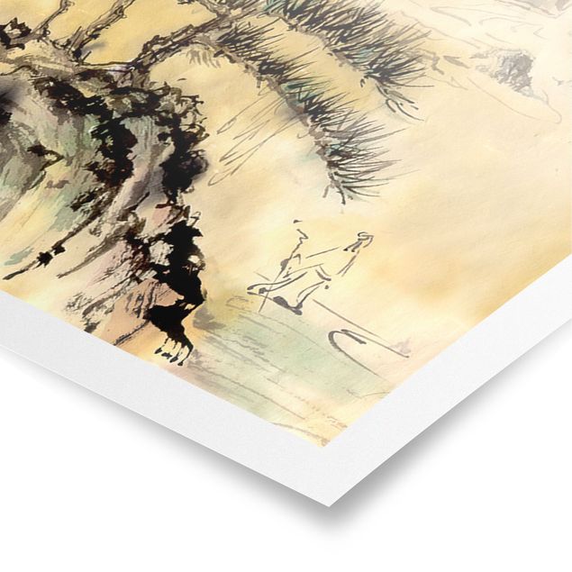 Poster - Japanische Aquarell Zeichnung Zedern und Berge - Hochformat 4:3