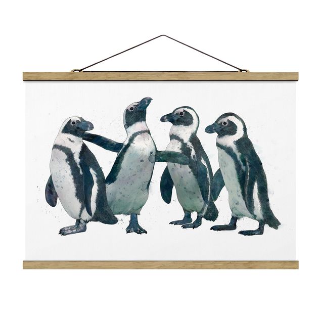 Stoffbild mit Posterleisten - Laura Graves - Illustration Pinguine Schwarz Weiß Aquarell - Querformat 3:2