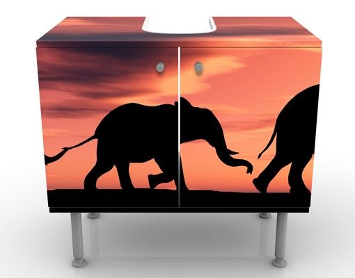 Waschbeckenunterschrank - Savannah Elefant Family - Badschrank Orange Rot Schwarz