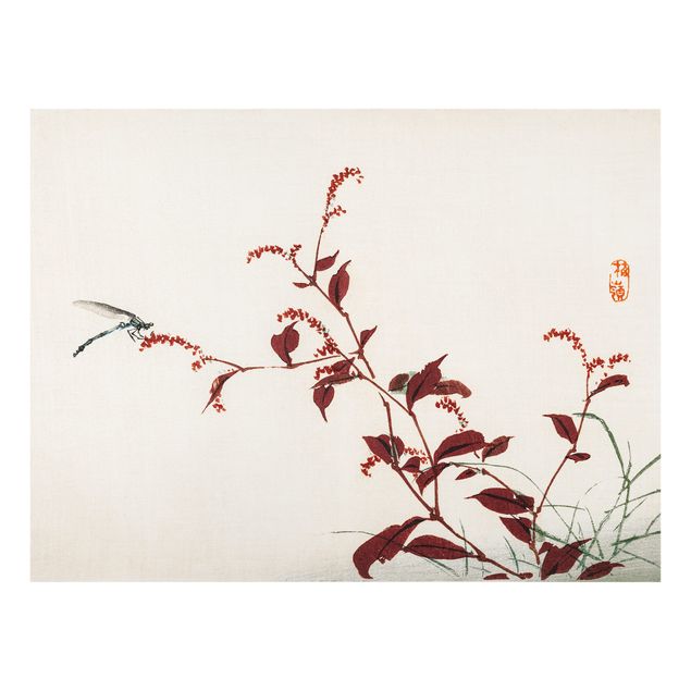 Glas Spritzschutz - Asiatische Vintage Zeichnung Roter Zweig mit Libelle - Querformat - 4:3