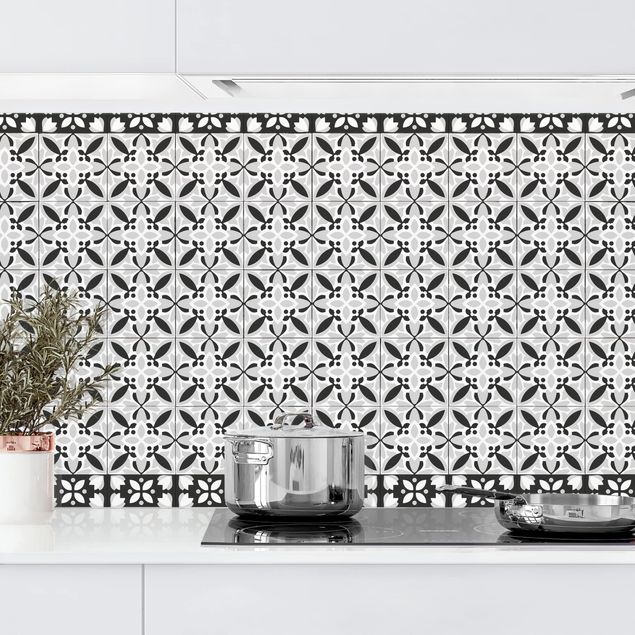 Platte Küchenrückwand Geometrischer Fliesenmix Blüte Schwarz