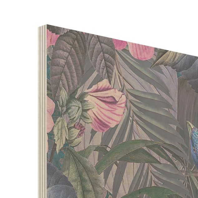 Holzbild - Bunte Collage - Pinke Flamingos im Dschungel - Hochformat 3:2