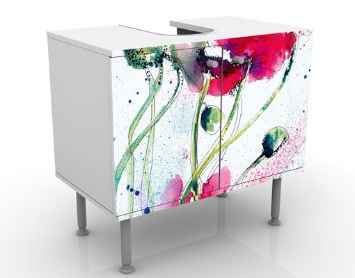 Waschbeckenunterschrank - Painted Poppies - Blumen Badschrank Weiß Rot