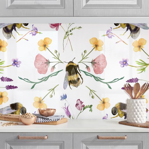 Platte Küchenrückwand Bienen mit Blumen