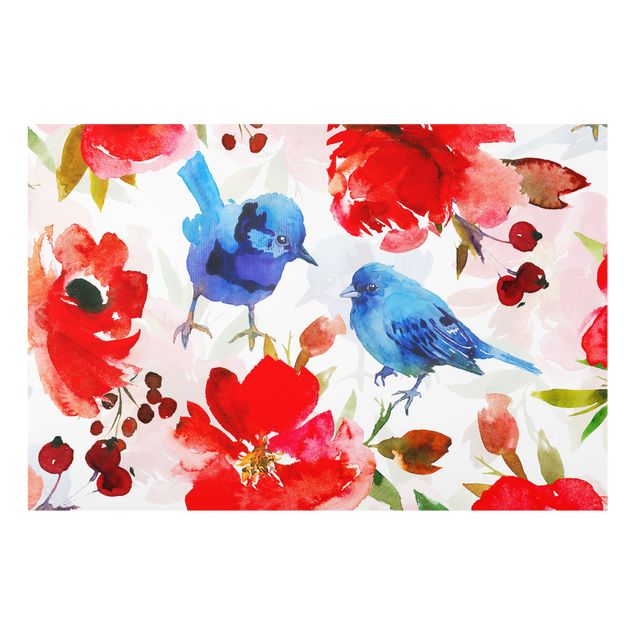 Spritzschutz Glas - Aquarellierte Vögel in Blau mit Rosen - Querformat 3:2