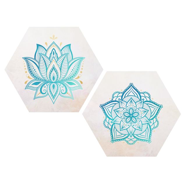 Hexagon Bild Forex 2-teilig - Mandala Lotus Set Gold Blau
