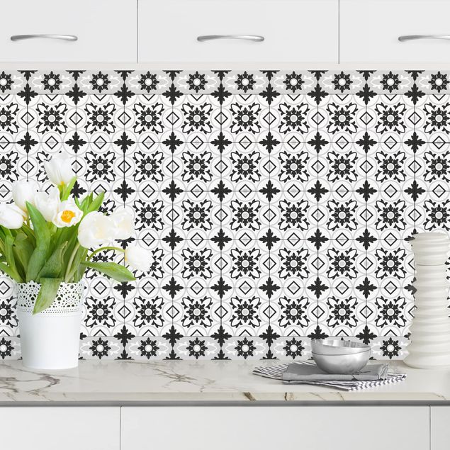 Platte Küchenrückwand Geometrischer Fliesenmix Blume Schwarz