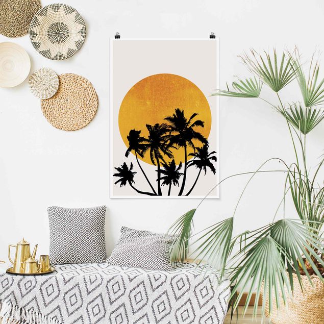 Blumen Poster Palmen vor goldener Sonne