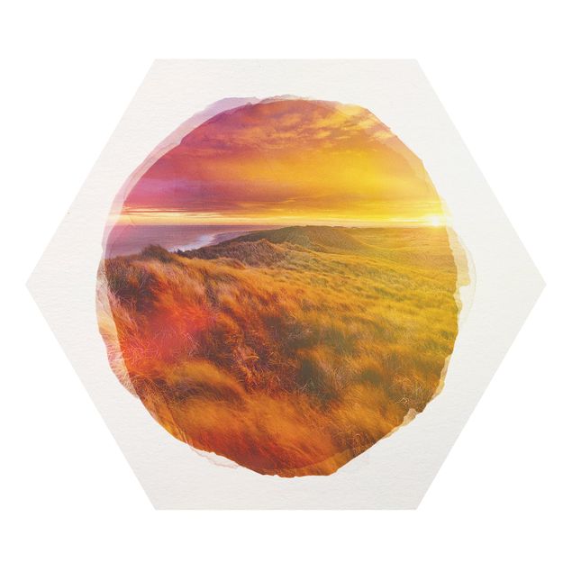 Hexagon Bild Forex - Wasserfarben - Sonnenaufgang am Strand auf Sylt
