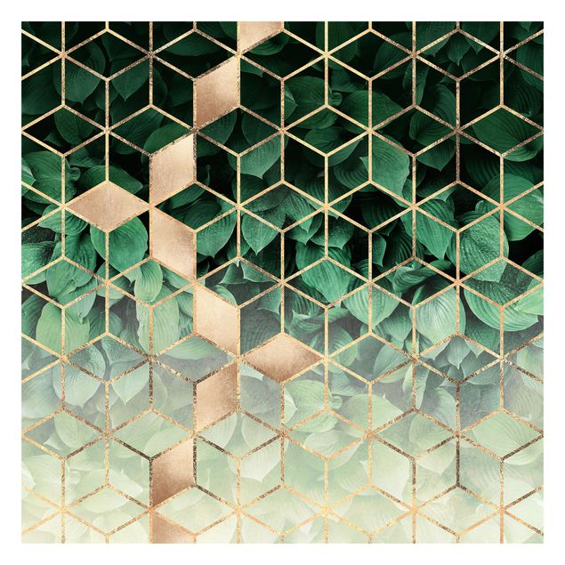 Fototapete - Grüne Blätter goldene Geometrie - Fototapete Quadrat