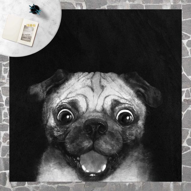 Teppich Balkon Illustration Hund Mops Malerei auf Schwarz Weiß