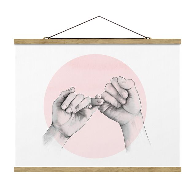 Stoffbild mit Posterleisten - Laura Graves - Illustration Hände Freundschaft Kreis Rosa Weiß - Querformat 4:3