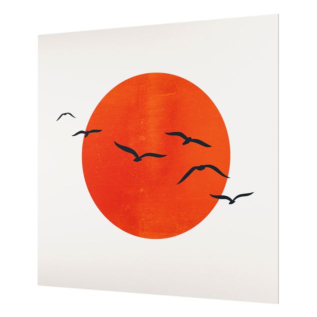 Kubistika Prints Vogelschwarm vor roter Sonne I