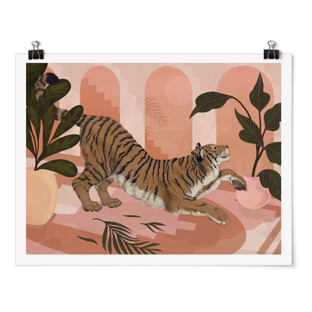 Poster - Illustration Tiger in Pastell Rosa Malerei - Querformat 3:4