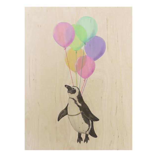 Holzbild - Illustration Pinguin Pastell Luftballons - Hochformat 4:3