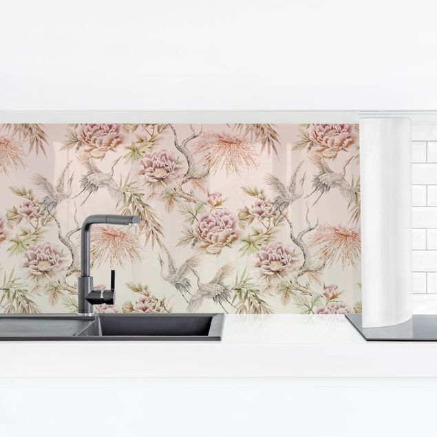 Spritzschutz Küche ohne bohren Aquarell Vögel mit großen Blüten in Ombre