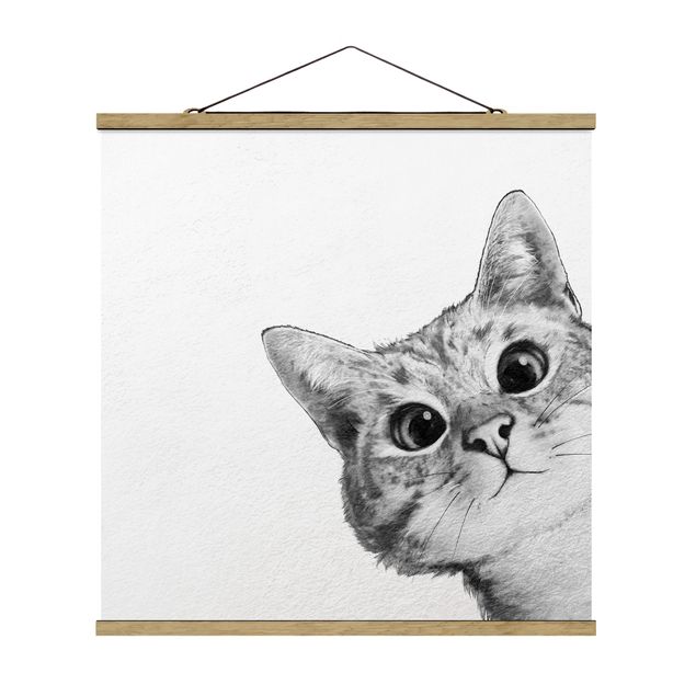 Stoffbild mit Posterleisten - Laura Graves - Illustration Katze Zeichnung Schwarz Weiß - Quadrat 1:1