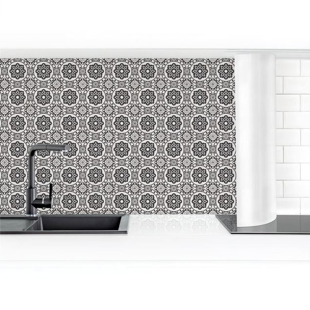 Küchenrückwand selbstklebend Florale Fliesen schwarz-weiß