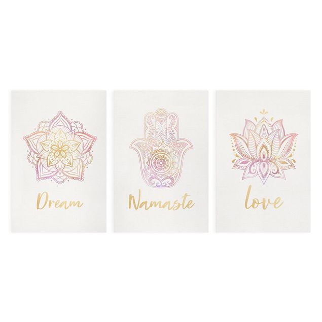 Leinwandbild 3-teilig - Mandala Namaste Lotus Set gold rosa - Hoch 3:2