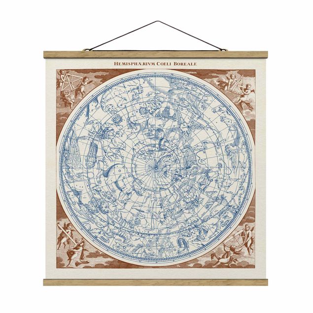 Stoffbild mit Posterleisten - Vintage Sternenkarte Nördliche Hemissphere - Quadrat 1:1