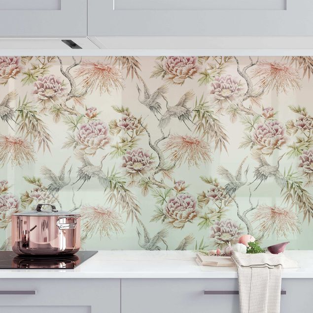 Platte Küchenrückwand Aquarell Vögel mit großen Blüten in Ombre II