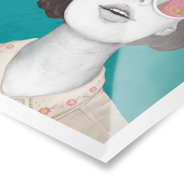 Poster - Illustration Portrait Frau Collage mit Blumen Brille - Hochformat 4:3