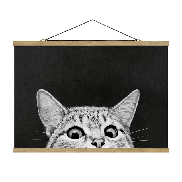 Stoffbild mit Posterleisten - Laura Graves - Illustration Katze Schwarz Weiß Zeichnung - Querformat 3:2