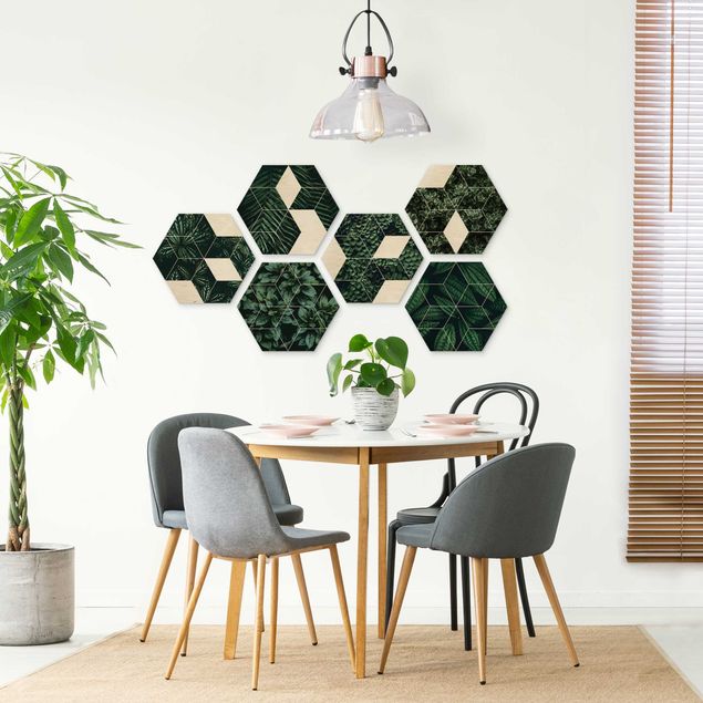 Holzbilder Muster Grüne Blätter Geometrie Set II