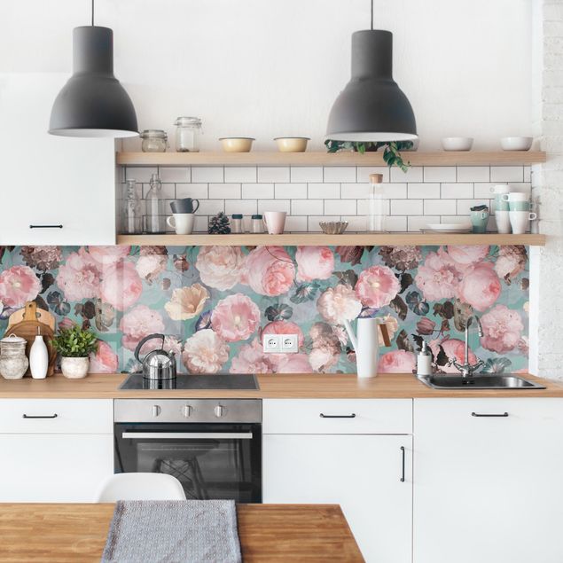 Wandpaneele Küche Pastell Rosentraum auf Blau