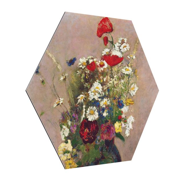 Hexagon Bild Alu-Dibond - Odilon Redon - Blumenvase mit Mohn