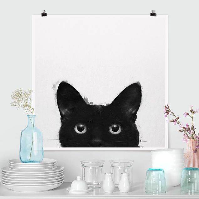 Poster Katzen Illustration Schwarze Katze auf Weiß Malerei