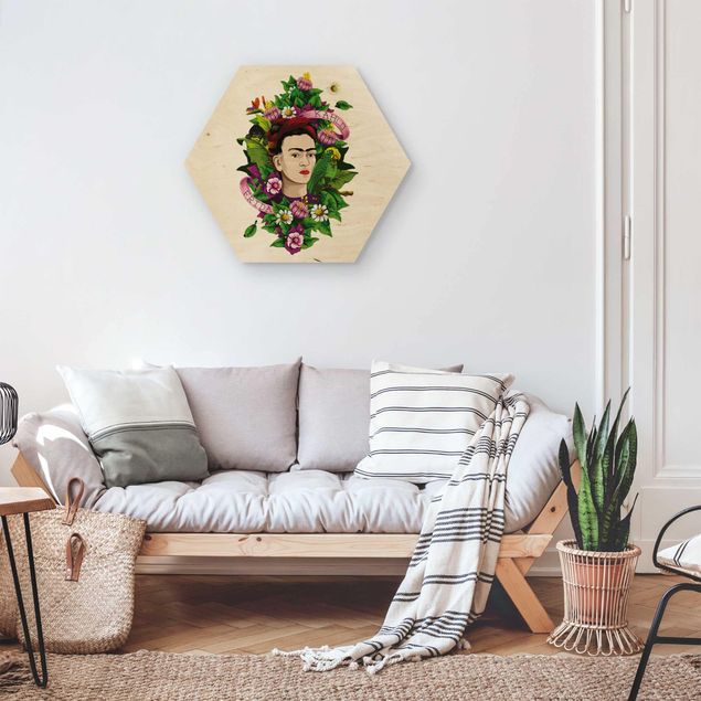 Holzbild mit Spruch Frida Kahlo - Frida, Äffchen und Papagei