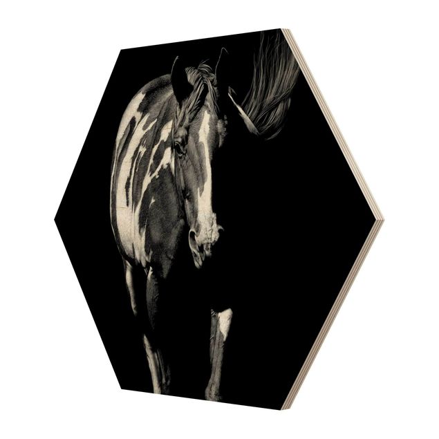 Hexagon Bild Holz - Pferd vor Schwarz
