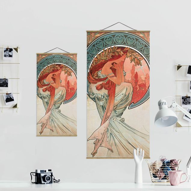Stoffbild mit Posterleisten - Alfons Mucha - Vier Künste - Die Poesie - Hochformat 1:2