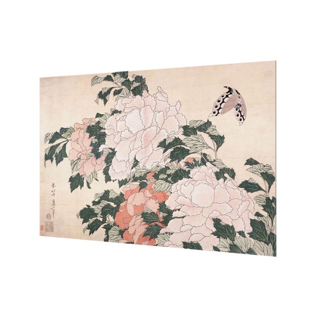 Spritzschutz Küche Katsushika Hokusai - Rosa Pfingstrosen mit Schmetterling