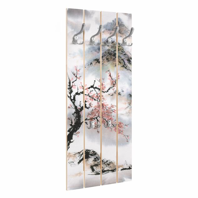 Wandgarderobe Holz - Japanische Aquarell Zeichnung Kirschbaum und Berge - Haken chrom Hochformat