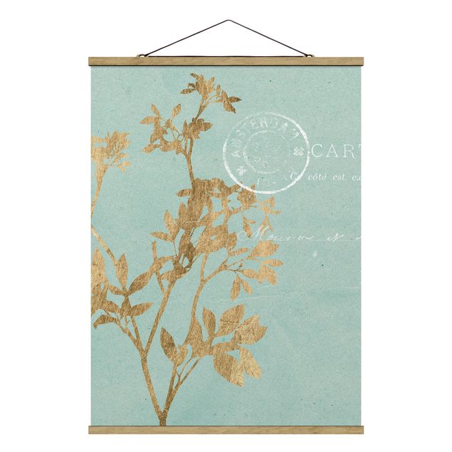 Stoffbild mit Posterleisten - Goldene Blätter auf Turquoise I - Hochformat 3:4