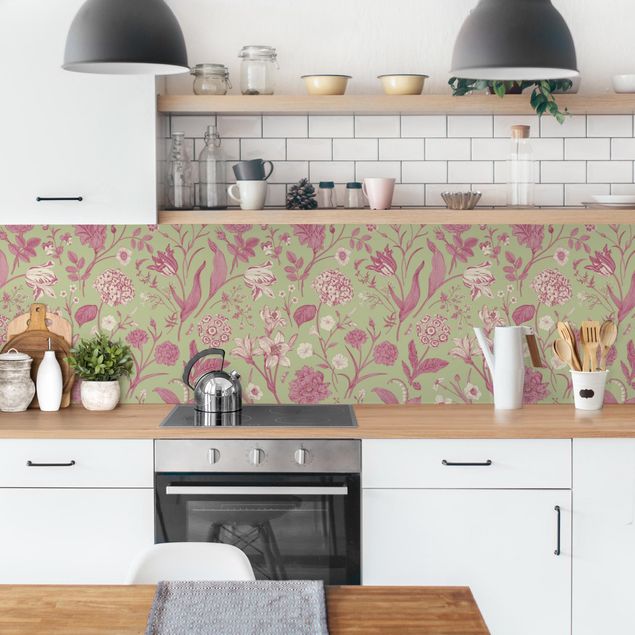 Küchenrückwand selbstklebend Blumentanz in Mint-Grün und Rosa Pastell
