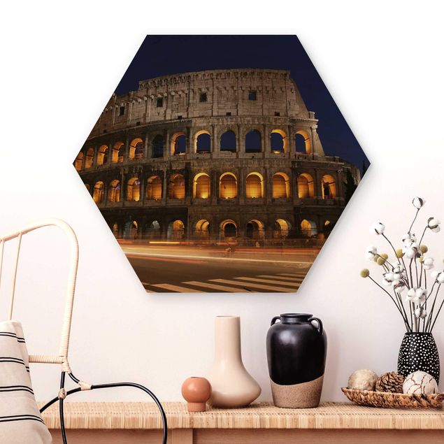 Holzbilder Syklines Colosseum in Rom bei Nacht