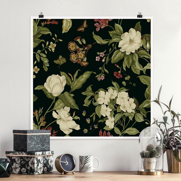 Poster - Gartenblumen auf Schwarz I - Quadrat 1:1