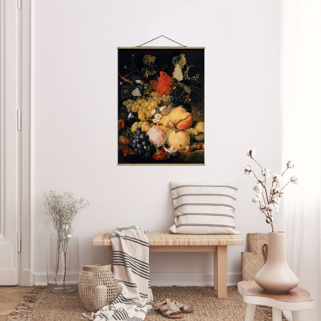 Stoffbild mit Posterleisten - Jan van Huysum - Früchte Blumen und Insekten - Hochformat 3:4
