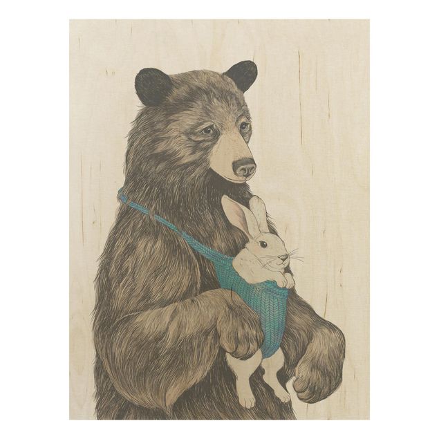 Holzbild - Illustration Bär und Hase Baby - Hochformat 4:3