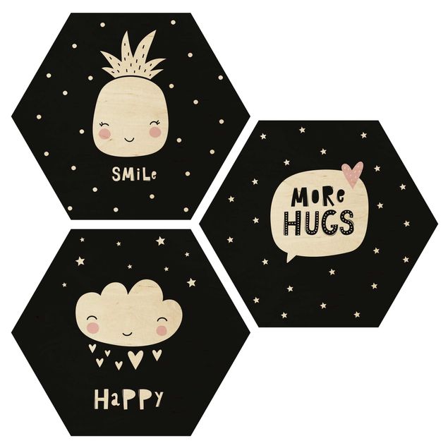 Hexagon Bild Holz 3-teilig - Happy Smile Hugs