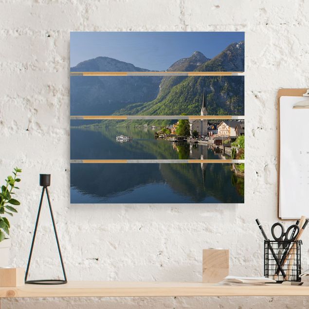 Holzbilder Natur Hallstätter See und Bergblick
