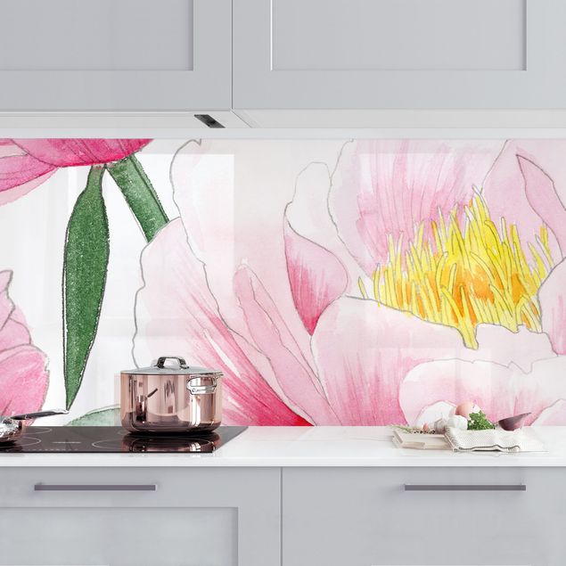 Platte Küchenrückwand Zeichnung Rosa Päonien I