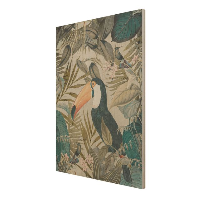 Bilder auf Holz Vintage Collage - Tukan im Dschungel
